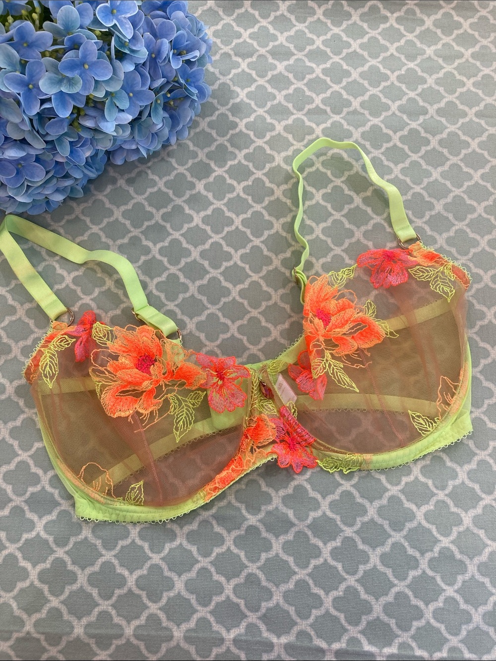 Honey Birdette Christine Neon Yellow Orange Embroidered Bra 38G